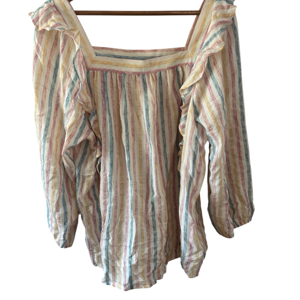 Chaps Blouse Striped Boho Square Neck Ruffle Peasant Shirt Womens XL‎ 3/4 Sleeve